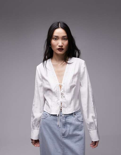 Topshop pintuck tie up top in cream | ASOS