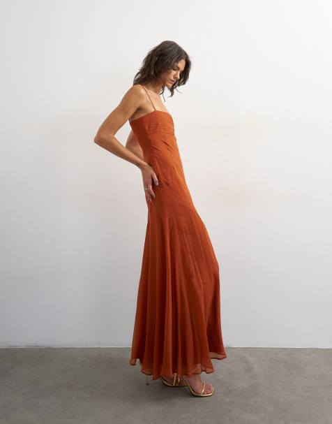 Topshop pintucked bust chiffon maxi dress in rust - view 1