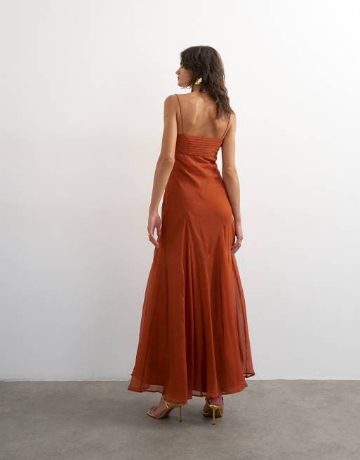 Topshop pintucked bust chiffon maxi dress in rust, 4 of 4