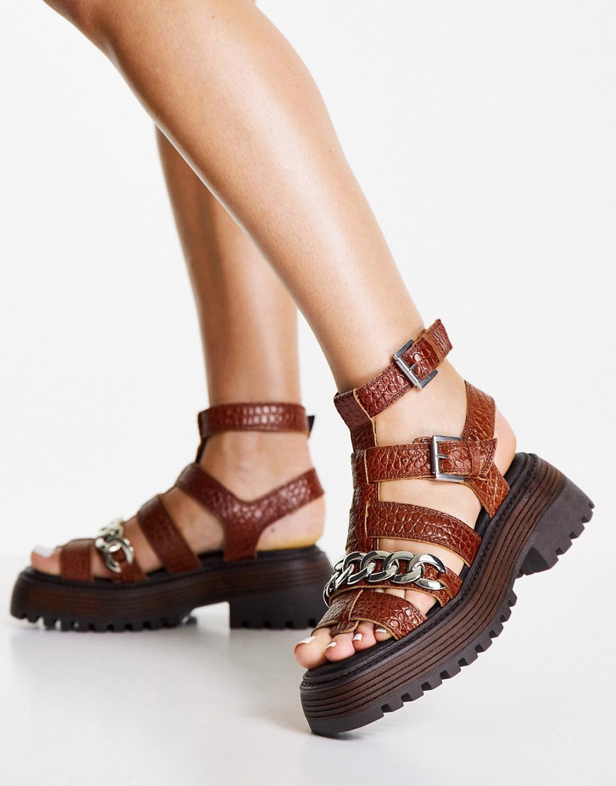 Topshop Pioneer chain chunky leather sandal in tan-Brown