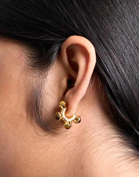 Topshop Piper stainless steel hoop earrings with stones in gold & tiger - view 1
