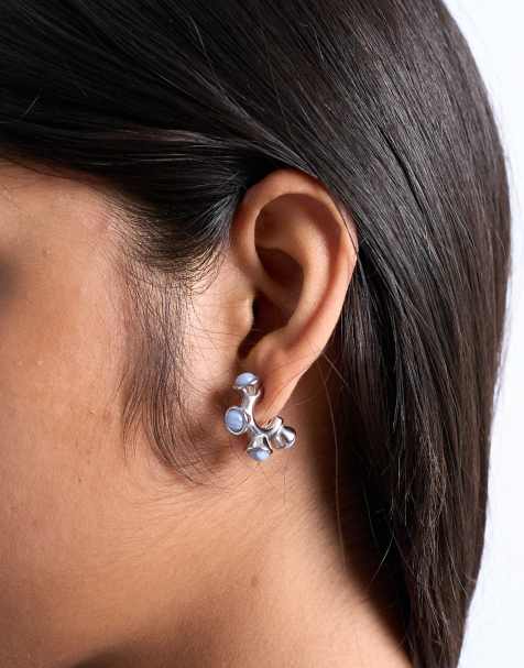 Topshop Piper stainless steel hoop earrings with stones in silver & blue - view 1