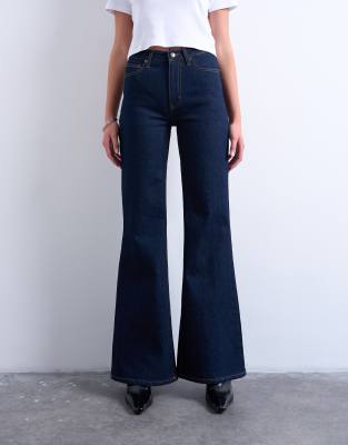 Topshop - Pippa Flare - Jean taille mi-haute en tissu stretch confortable - Indigo brut-Bleu