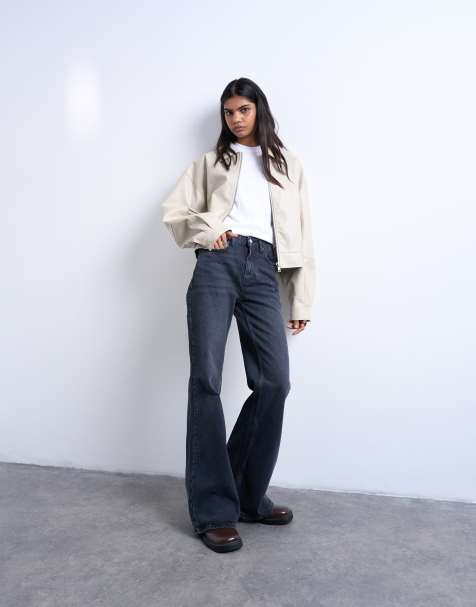Topshop Pippa mid rise comfort stretch flare jean in washed black