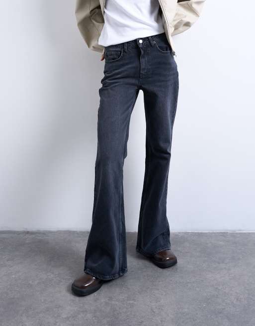 Topshop Pippa mid rise comfort stretch flare jean in washed black, 2 of 7