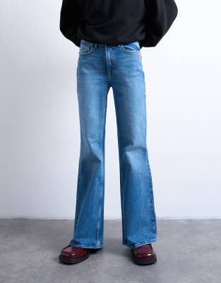 Topshop Pippa Mid Rise Comfort Stretch Flare Jeans In Blue