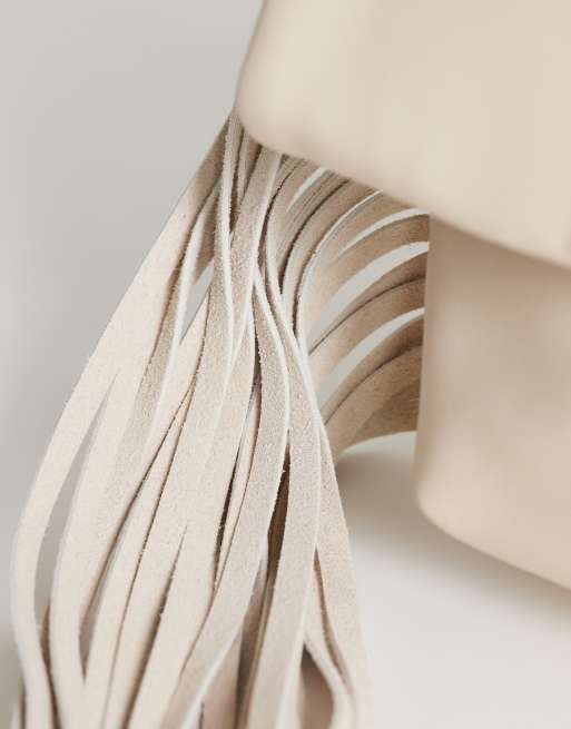 Topshop Pippa oversized fringe clutch bag in stone, 4 of 4
