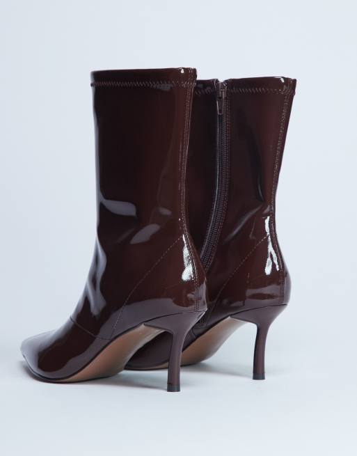 Topshop Pippa point toe stretch ankle boots in patent chocolate
