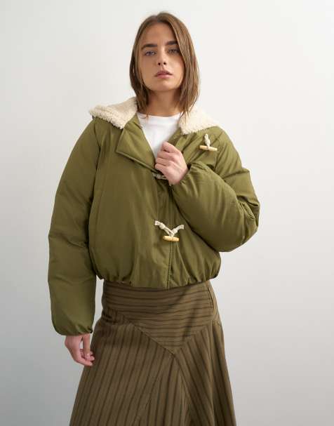 Topshop piumino corto con colletto in pile borg e alamari, khaki - view 1