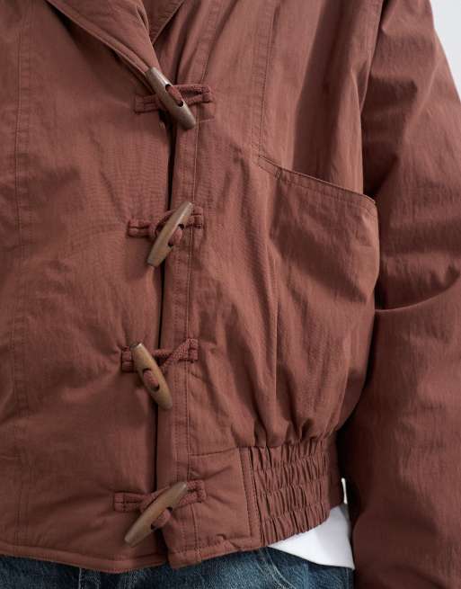 Topshop piumino ibrido marrone con rever sciallato e chiusura ad alamari, 3 di 4