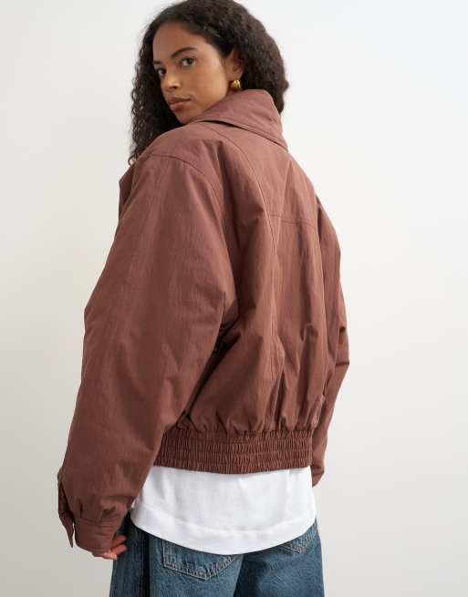Topshop piumino ibrido marrone con rever sciallato e chiusura ad alamari, 4 di 4
