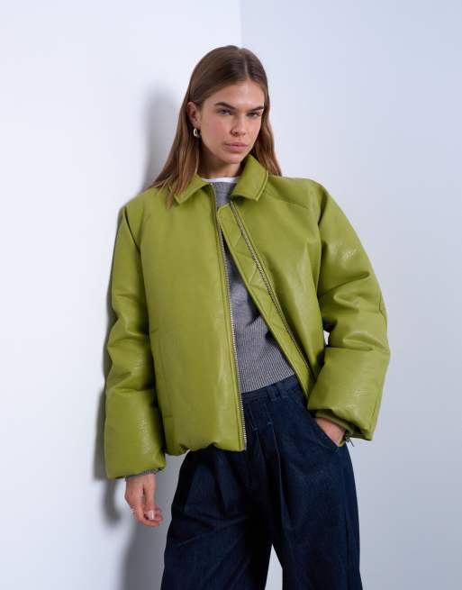 Topshop - Piumino imbottito verde salvia in pelle sintetica, 2 di 4