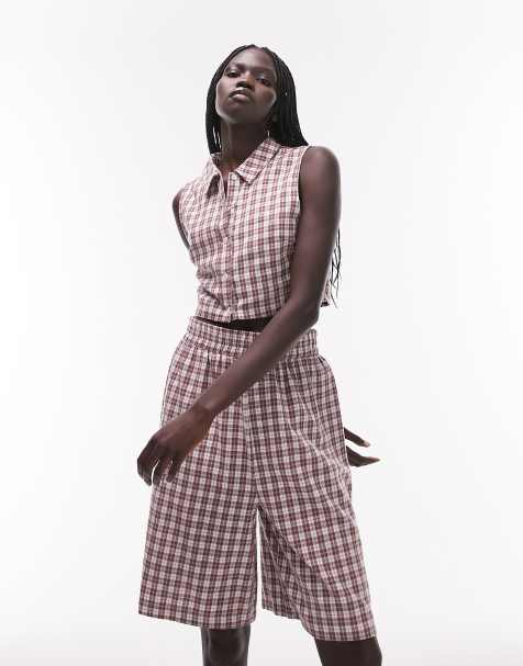 Topshop – Piżama w kratę składająca się z topu bez rękawów z kołnierzykiem i szortów w neutralnym kolorze - view 1