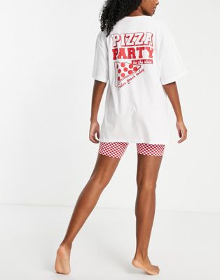 Topshop pizza party oversized pyjama tee & legging short set in multi