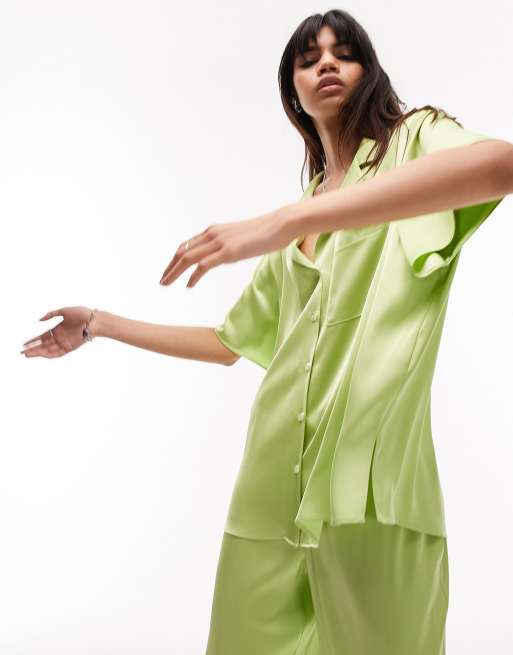 Topshop pj style satin shirt in lime - part of a set