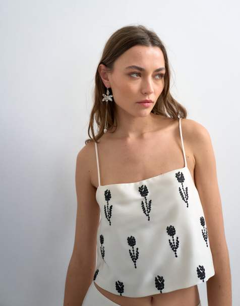 Topshop placement embroidery satin cami in cream - view 1