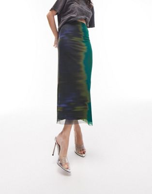 Topshop placement print midi jersey skirt in green
