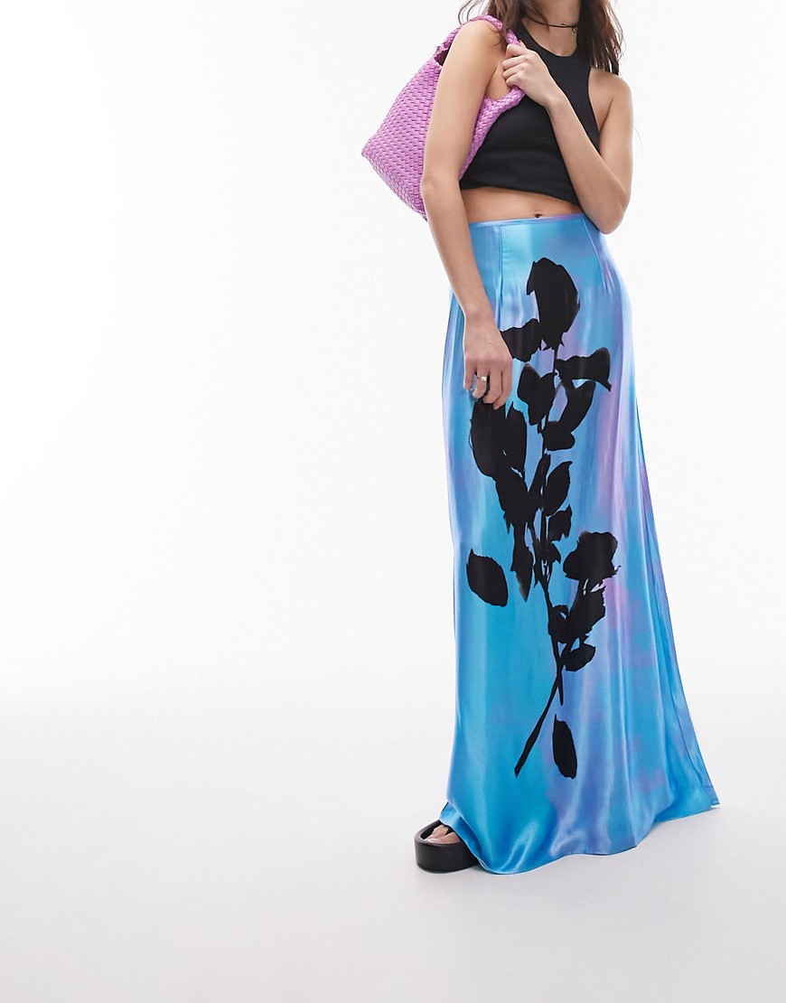 Topshop placement shadow print maxi skirt in blue