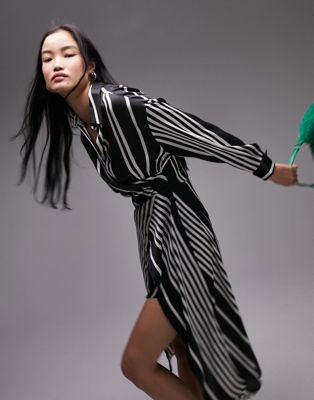 Topshop Placement Stripe Midi Shirt Dress In Mono-multi