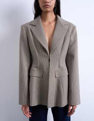 Topshop Plaid Cinched Waist Blazer In Gray