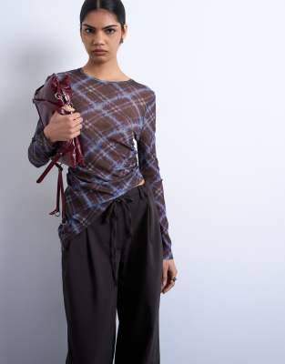 Topshop Plaid Print Asymmetric Long Sleeve Top In Brown
