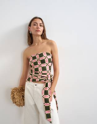 Topshop plaid print tie detail bandeau top in green