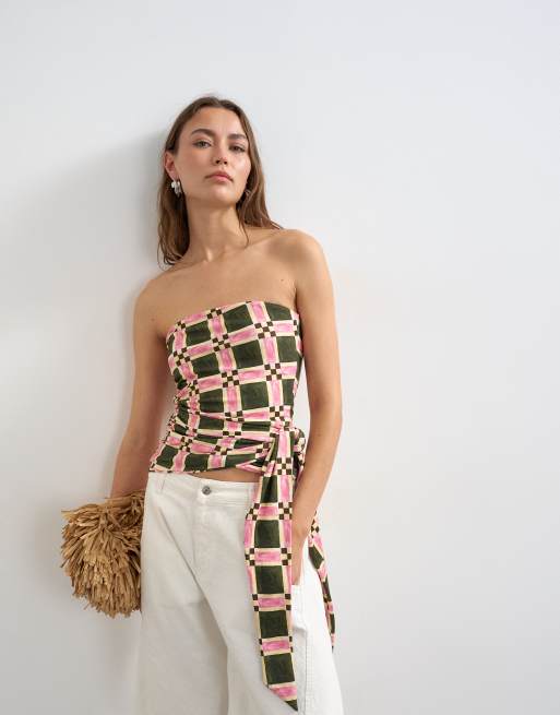 Topshop plaid print tie detail bandeau top in green | ASOS