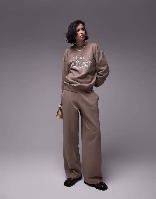 Topshop plain acid wash straight leg trackies in chocolate (part of a set)