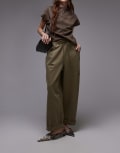 [Topshop] Topshop plain drawstring straight leg pants in khaki-Neutral 12 khaki