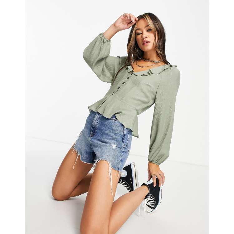 Topshop plain frill neck peplum top in khaki | ASOS