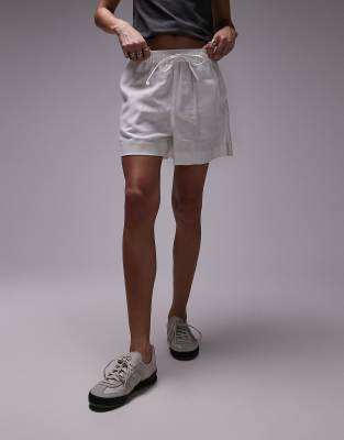 Topshop Plain Linen Drawstring Short In White-black