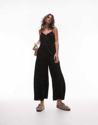 Topshop plain linen jumpsuit in black