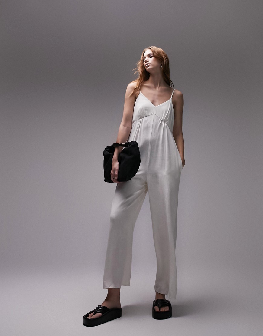 plain linen jumpsuit in ivory-White
