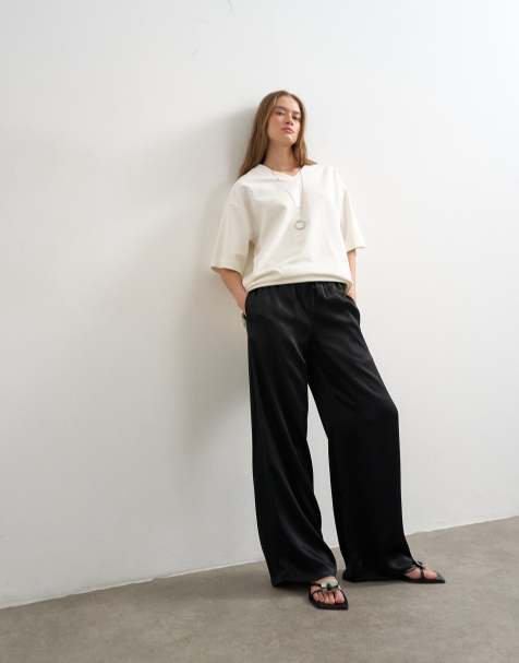 Topshop plain satin tie waist wide leg pants in black - view 1