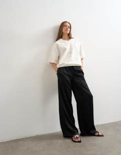 Plain satin tie waist wide leg trouser in black