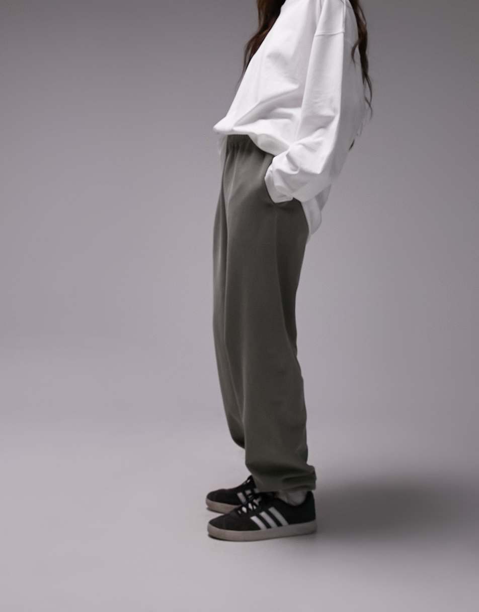 Topshop plain vintage wash oversized cuff jogger in khaki