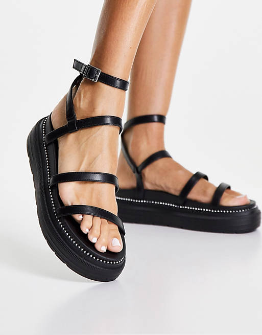  Flat Sandals/Topshop Planet ankle wrap sandals in black 
