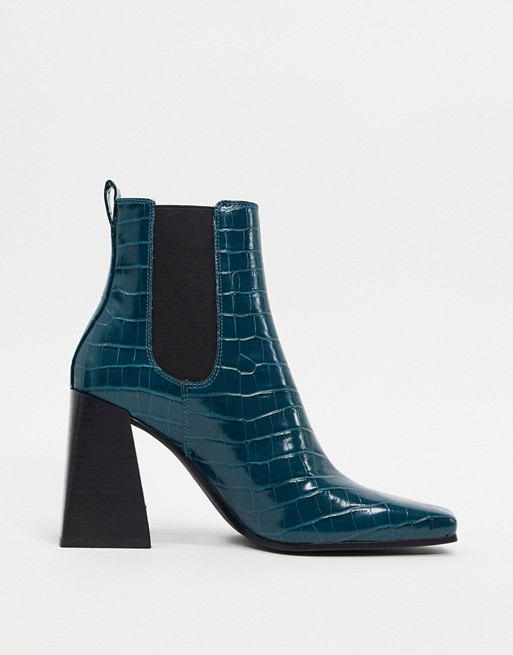 Topshop leather platform heeled boots in teal croc