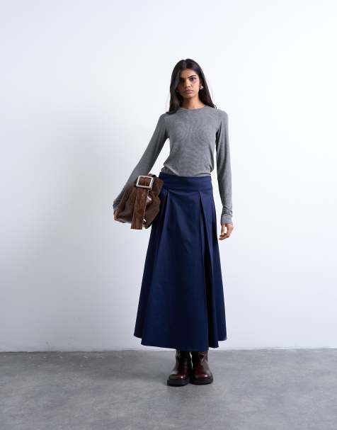 Topshop pleat front midi skirt in navy - view 1
