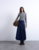 Topshop pleat front midi skirt in navy