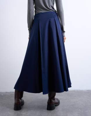Topshop Pleat Front Midi Skirt In Blue