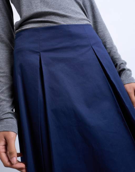 Topshop pleat front midi skirt in navy, 3 of 5