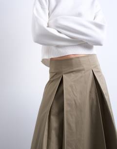 Model wearing Pleat front midi skirt in stone