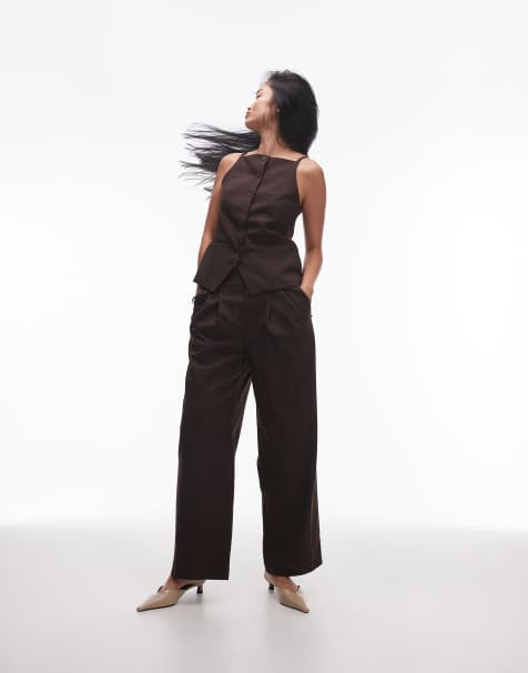 Topshop pleat front tailored trackies in choc pinstripe - view 1