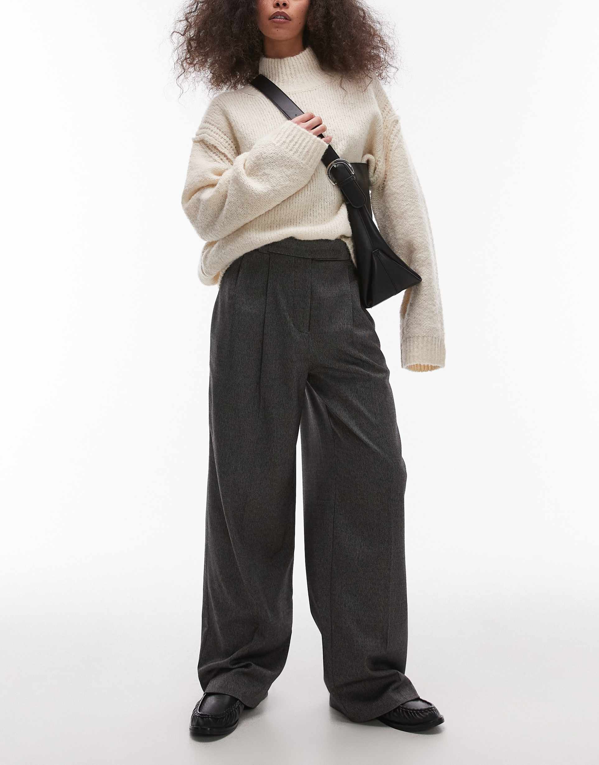 topshop pleat front tailored wide leg pants in charcoal