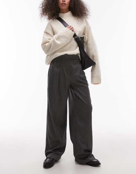 Topshop pleat front tailored wide leg trouser in charcoal - view 1