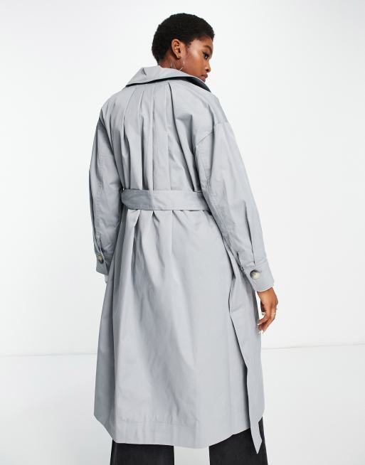 Topshop pleated back trench coat in gray