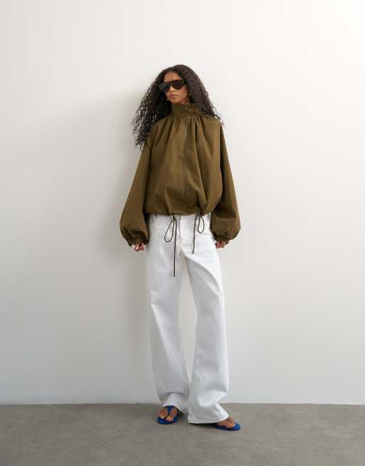 Topshop pleated funnel neck anorak in khaki green, 2 of 4