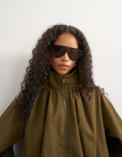 Topshop pleated funnel neck anorak in khaki green, 3 of 4