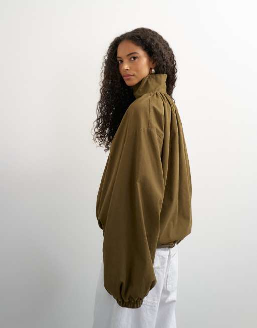 Topshop pleated funnel neck anorak in khaki green, 4 of 4